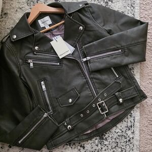 Industry Moto Biker Faux Leather Jacket Faded Dark Gray Womens M NWT Grunge Goth